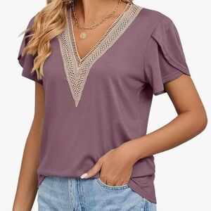 Elegant Mauve V-Neck Lace Women's Tee